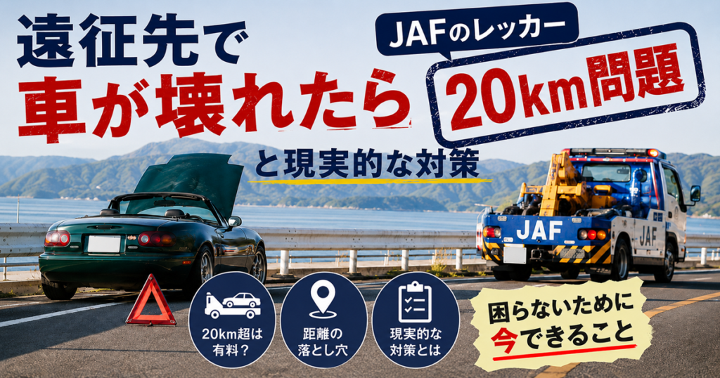 「遠征先で車が壊れたら｜JAFのレッカー20km問題と現実的な対策」海沿いの道でボンネットを開けた緑のロードスターと、駆けつけるJAFのレッカー車
