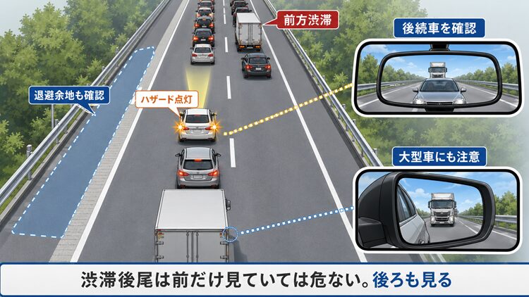 渋滞最後尾では後ろも確認する