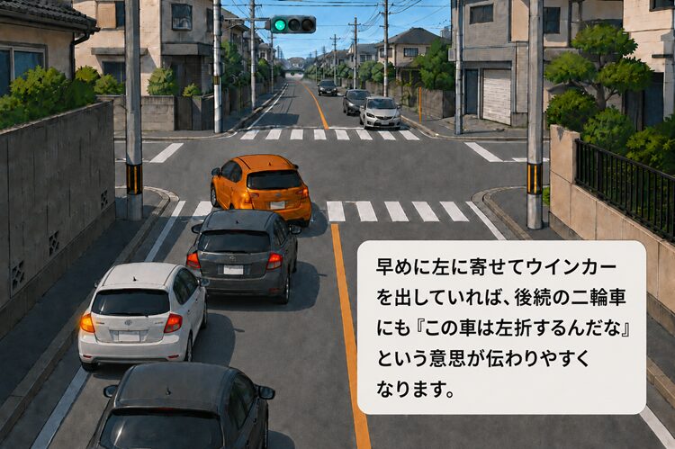 左折待ちで左にキッチリ寄せる車