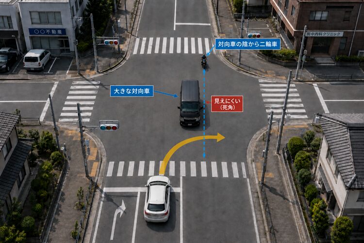 右直事故。死角にいる２輪車に注意