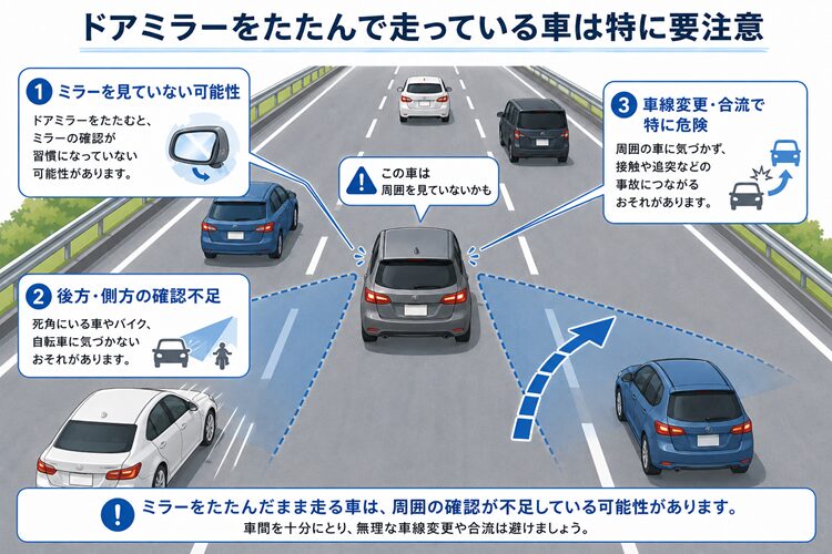 ドアミラーをたたんで走ってる車には特に注意