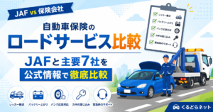 自動車保険のロードサービス比較｜JAFと主要7社を公式情報で徹底比較。レッカー搬送・バッテリー上がり・パンク応急対応・カギの閉じ込みなど対応項目のアイコンとレッカー車のイラスト